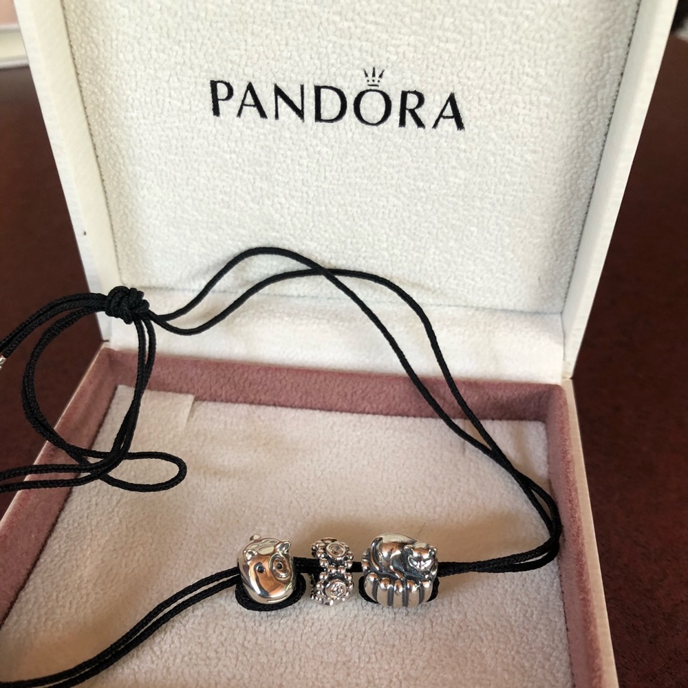 Pandora String bracelet with 3 retired charms NIB